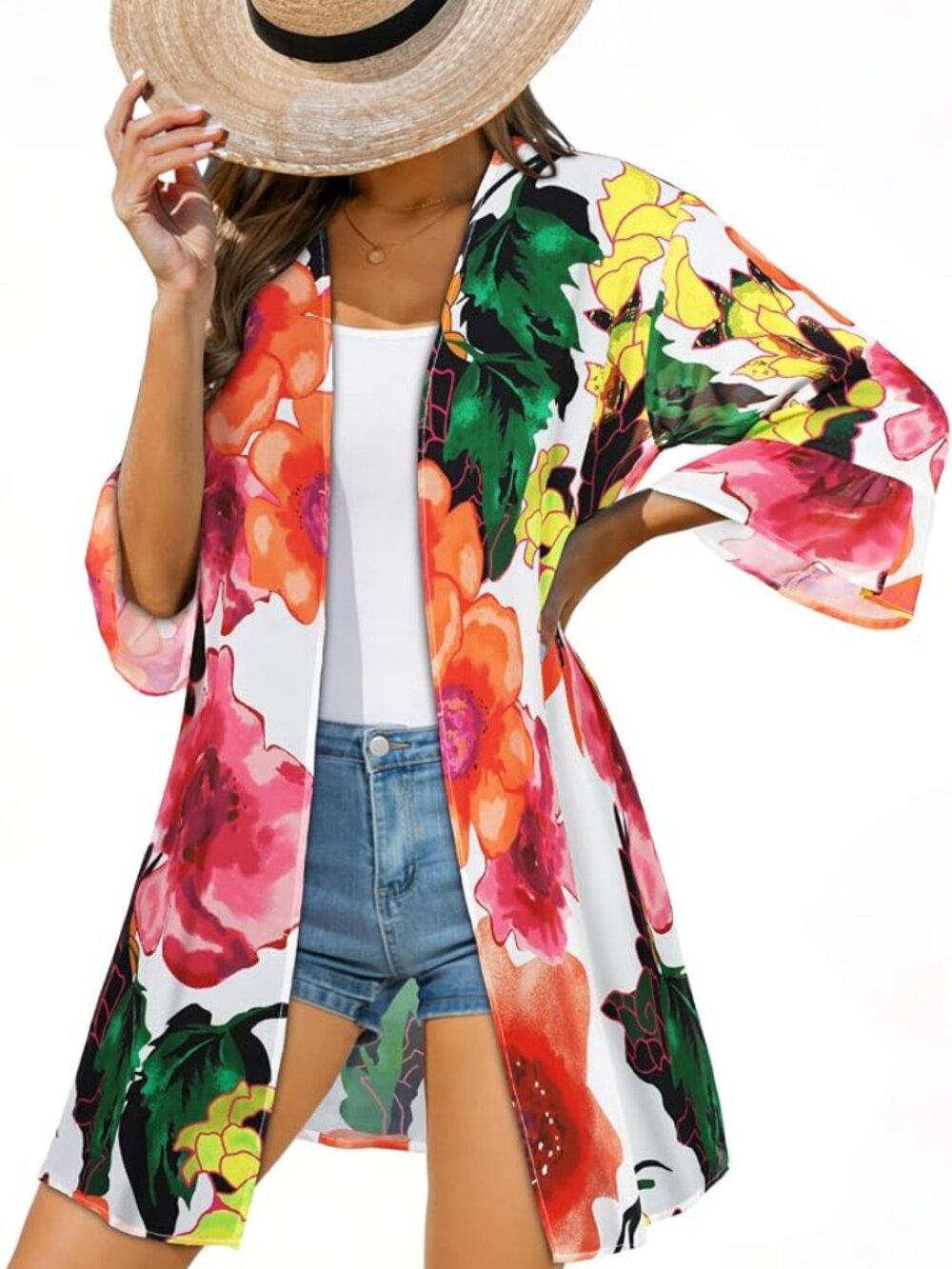 Women's Floral Print Sheer Chiffon 3/4 Ruffled Sleeve Kimono Size 2XL NEW